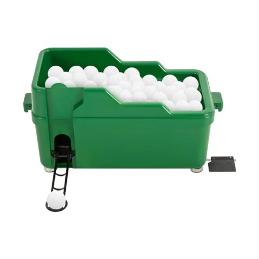 

Golf training aid: semi-automatic, electricity-less ball dispenser for putting/pitching/batting exercise; durable plastic const