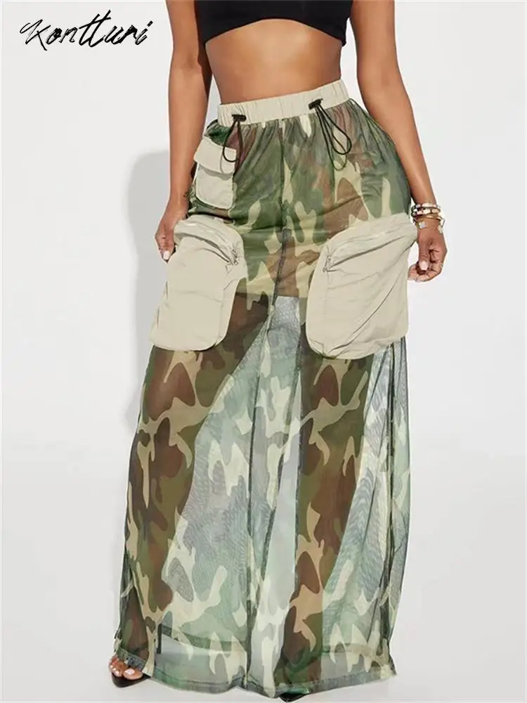 Imagem -04 - Kontturi-camuflagem Feminina Malha Patchwork Saias Streetwear de Verão Cintura Alta Longa Carga Veja Através das Saias Femininas 2023