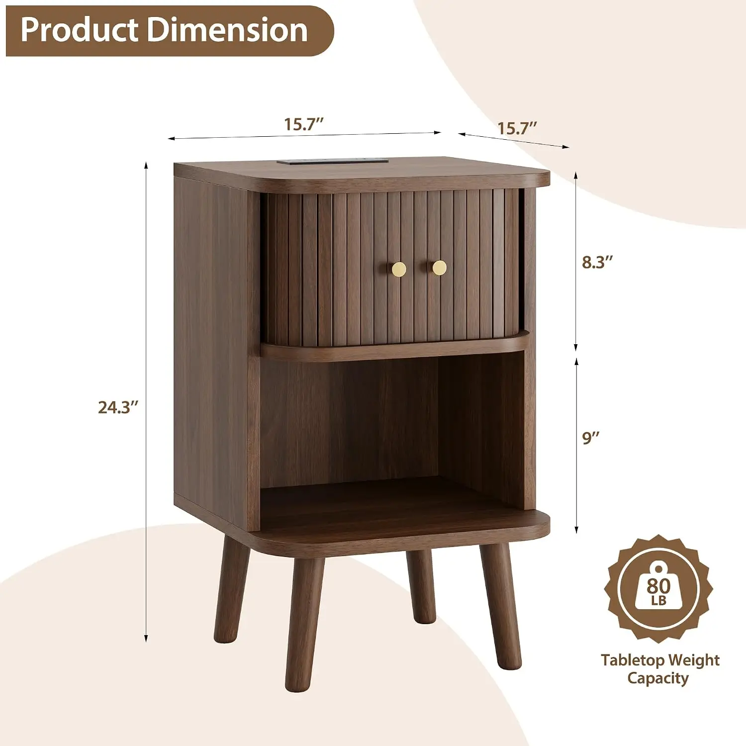 Walnut-Finish Bedside Nightstand Featuring Sliding Door, Charging Station, and Fluted Accents