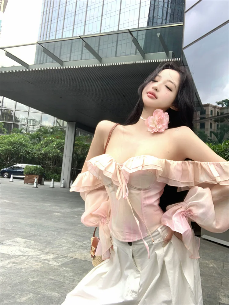 レディース夏用オフショルダーストラップレスシャツ、フィッシュボーンウエスト、ロータスリーフエッジ、長袖ブラウス、スリムフィットデザイントップス