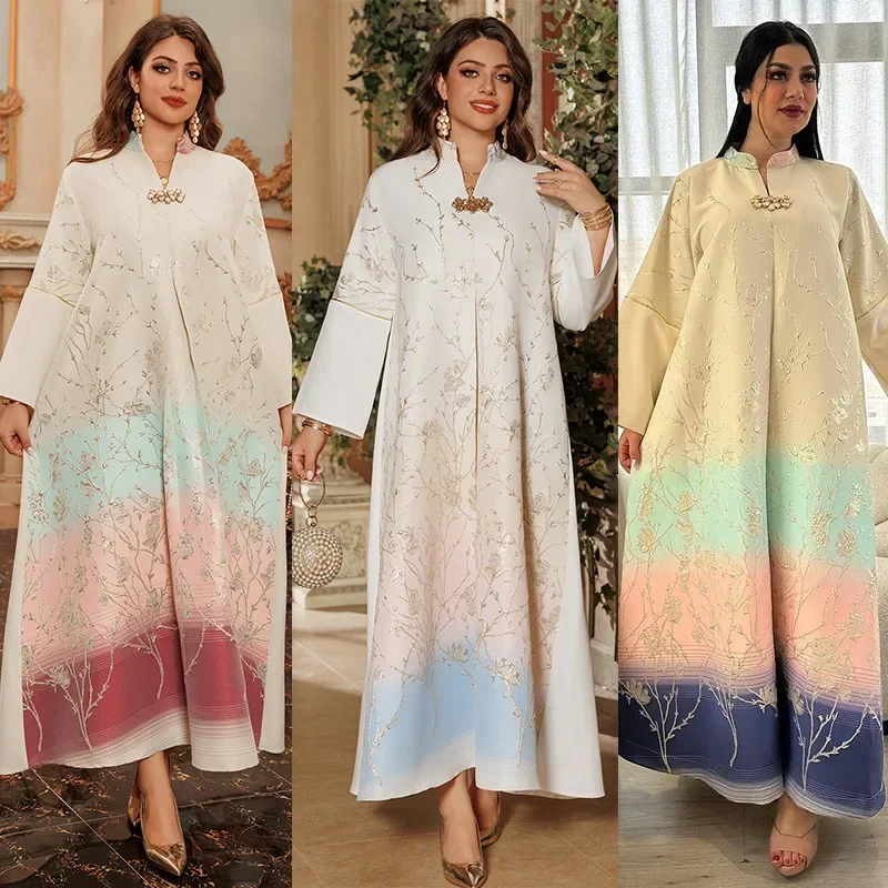 

S-2XL Eid Muslim Embroidery Party Dress for Women Abaya Elegant Morocco Kaftan V-neck Dubai Robe Jalabiya 2026 Ramadan