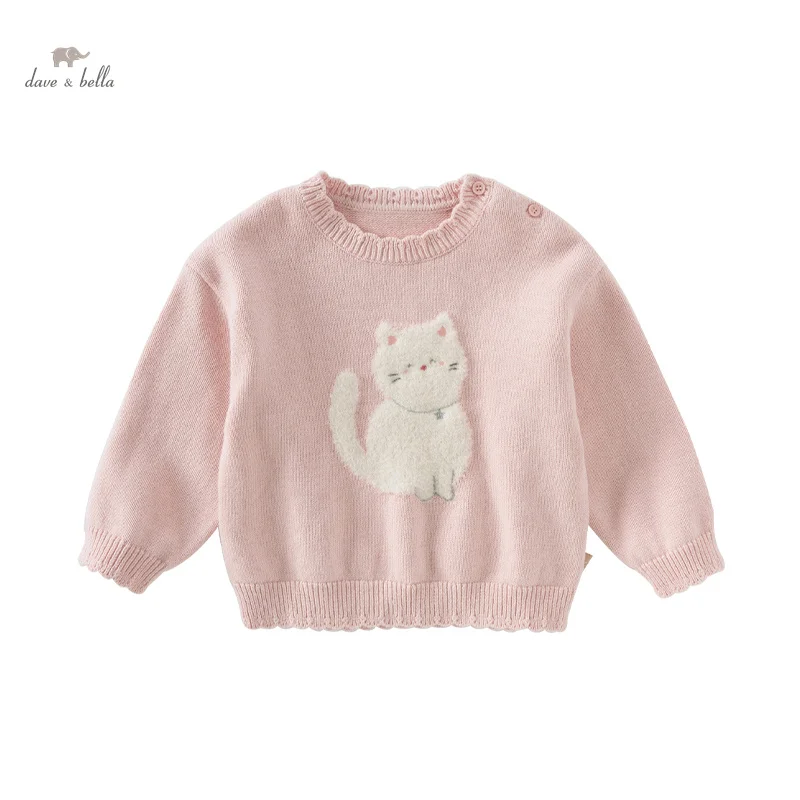Dave Bella 2024 New Autumn Winter Girls Baby Cute Knitted Sweater Pullover Cartoon Cat Pink Children's Knitwear Top DB4242663