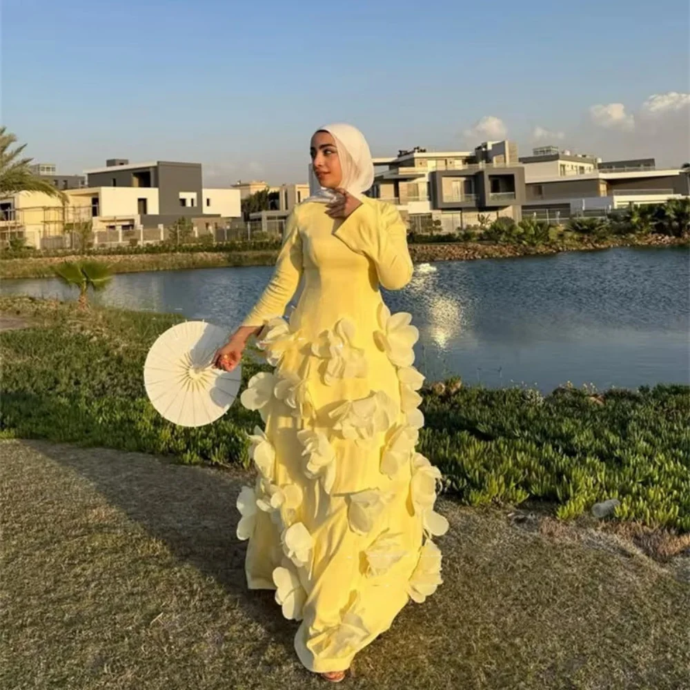 Moda romântico vestido de baile encantador sereia manga longa vestidos de noite flor applique o pescoço vestido no tapete vermelho luxo 2025