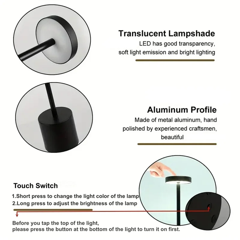 

AB15-Type C Rechargeable LED Table Lamp Touch Switch Bedside Night Light Portable 3 Color Desk Lamp For Club Bar Room