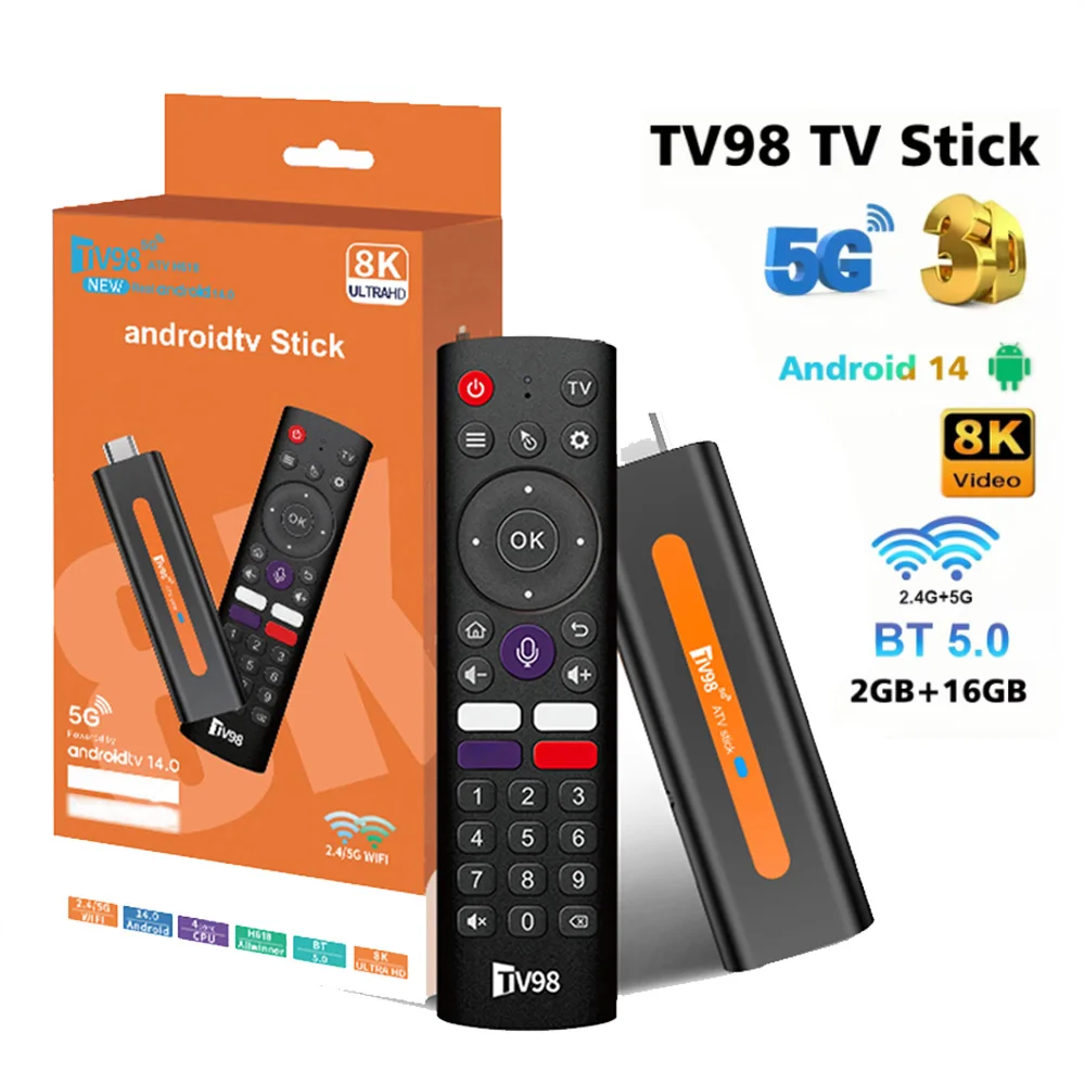 8K ATV Smart TV Stick Support Android 14 Video 8K BT5.0 WiFi 6 Allwinner H618 Quad Core Cortex A53 Voice Remote Smart TV Box