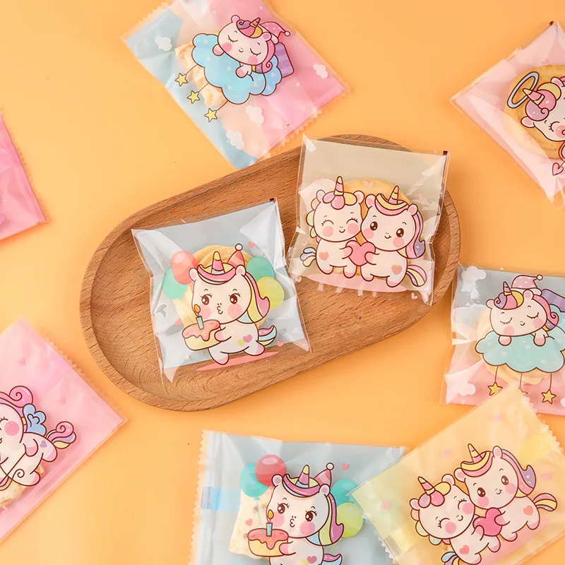 100pcs/lot Cute Unicorn Gift OPP Bags Plastic Self-adhesive Candy Cookies Biscuits Packaging Bags Baby Party Supplies