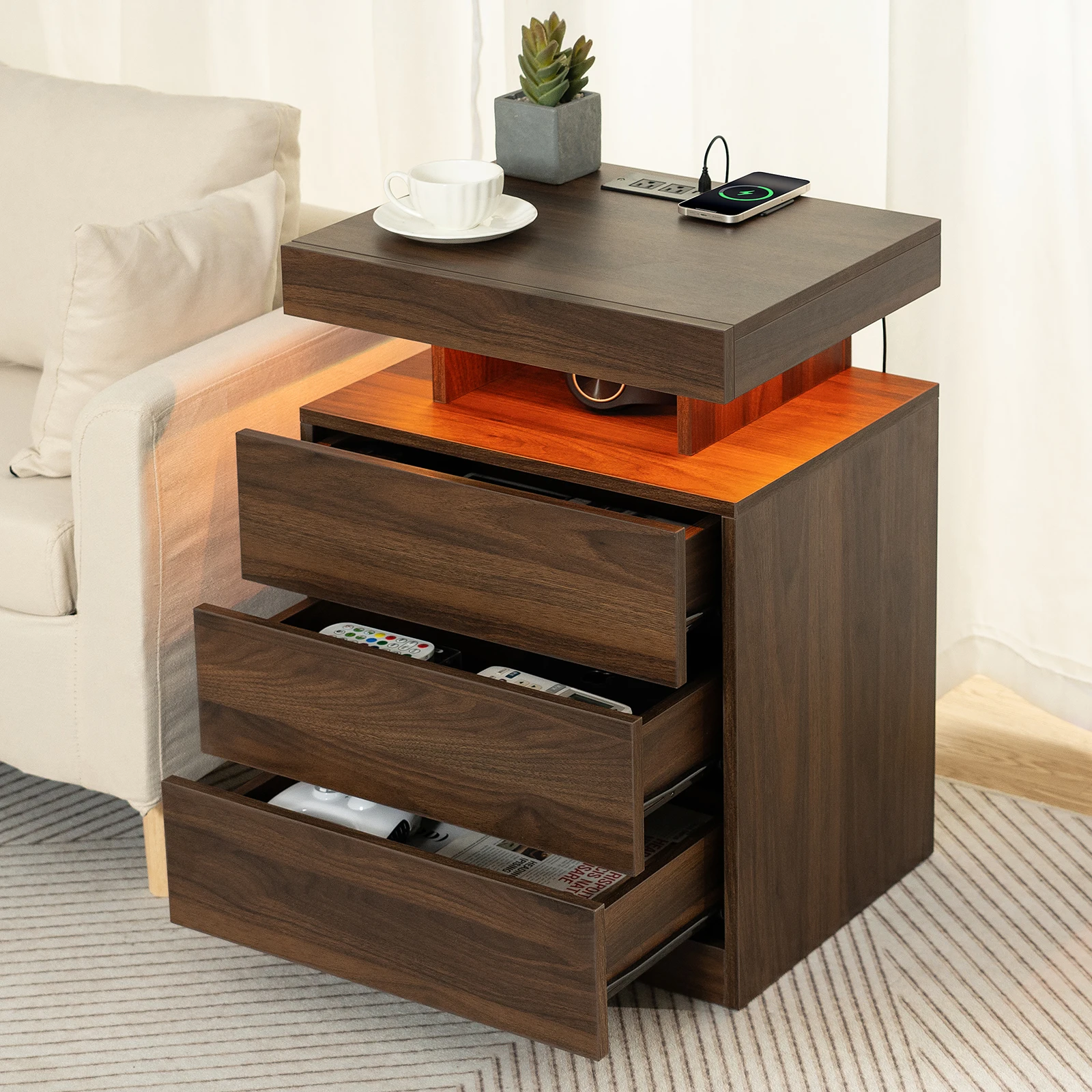 Nightstand with Wireless Charging & 3 Drawers Bedroom End Table Storage Cabinet