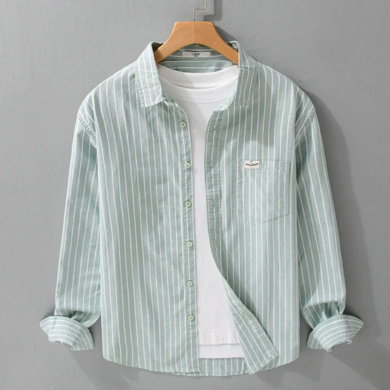 

Spring and Autumn New Casual Striped Oxford Shirts for Men Pure Cotton Slim Turn-down Collar Long Sleeve Shirts White green