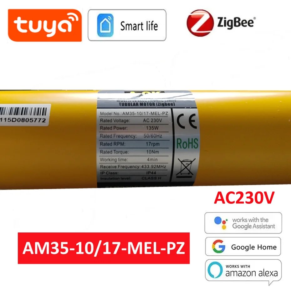 

A-OK AM35 10/17 Smart Rolling Tubular Motor,RF433 Remote+Tuya Zigbee App,for 40mm/45mm/47mm/50mm Tube,for Rolling Blinds,230V