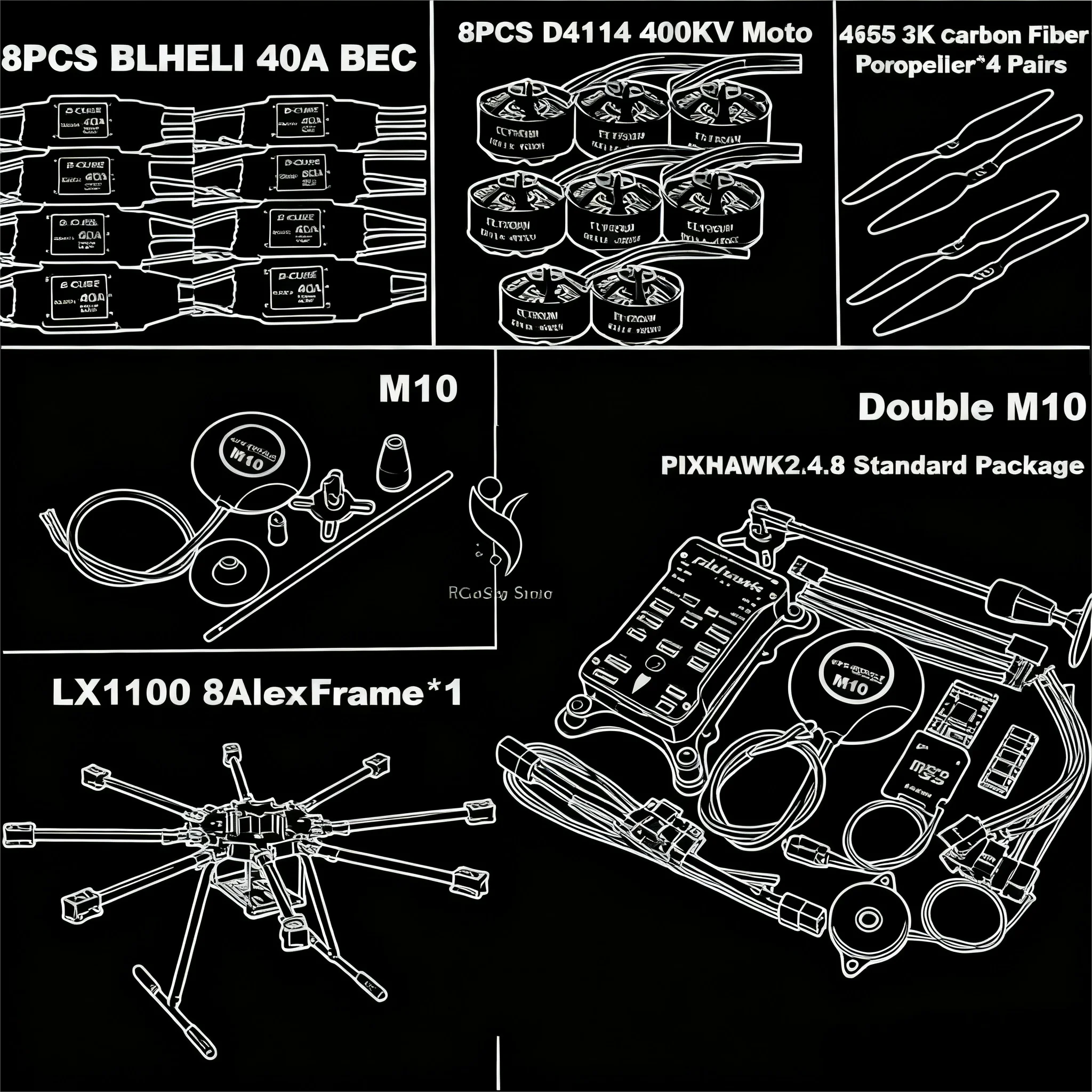 

LX1100 Полностью карбоновое волокно, рама восьмиротора 1100 мм BLHELI 40A ESC PX4 Pixhawk 2.4.8 Двойной набор полетов M10 D4114 Двигатель