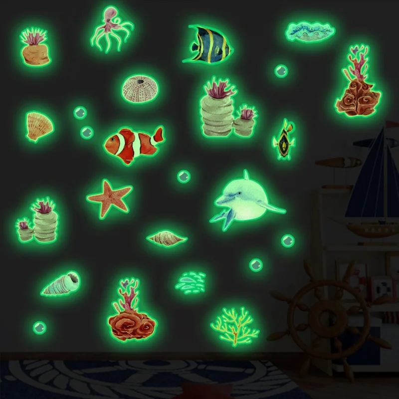 ملصقات حيوانات على شكل سمكة صغيرة مضيئة للحياة البحرية لغرفة المعيشة وغرفة المعيشة، شارات جدارية ذاتية اللصق وقابلة للإزالة