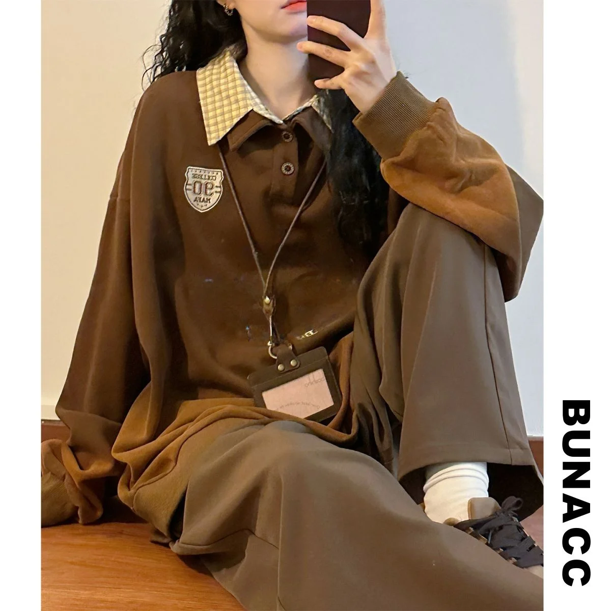 

Ретро-свитшот с воротником в клетку, имитация двухслойности, весенняя мода, повседневный комфортный топ с длинными рукавами