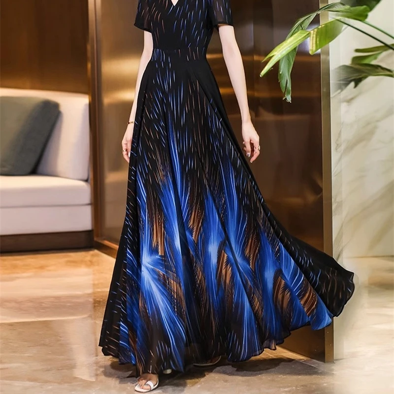 2025 nuevo verano largo ajustado falda de gasa para mujer con cuello en V manga corta Casual moda Maxi vestidos para elegantes ropa de fiesta de lujo