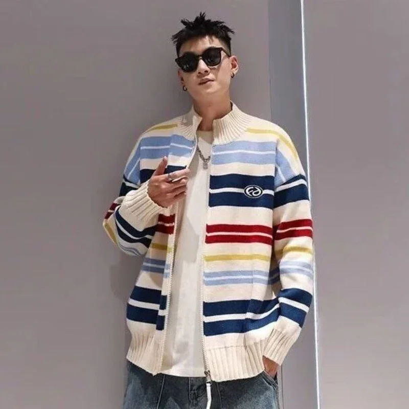 

American Style Men's Spring Autumn Knit Cardigan Vintage Hip Hop Half High Collar Zipper Striped Premium Sweater Aesthetic