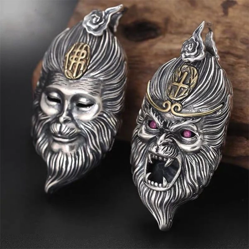 Silver One Thought Battle Victorious Buddha Necklace Black Mythology Sun Wukong Versatile Pendant High End Retro Jewelry