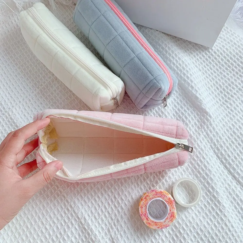 Plush Lattice Pencil Bag Portable Simple Pencil Case with Zipper Large Capacity Stationery Storage Box School Supplies