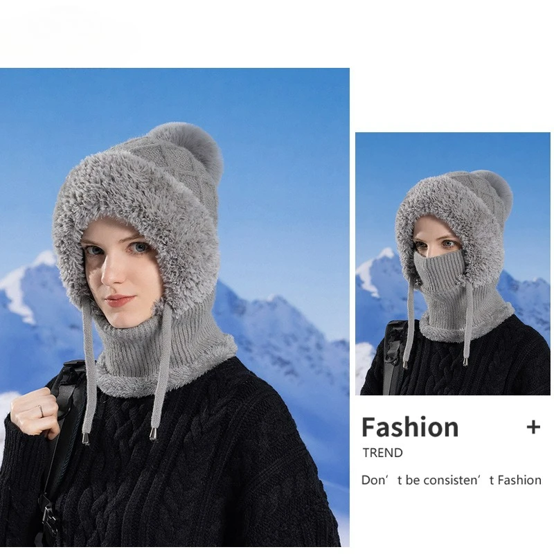 Cross-border winter fleece knitted beanie women's ear protection hat mask neck scarf integrated warm pullover hat