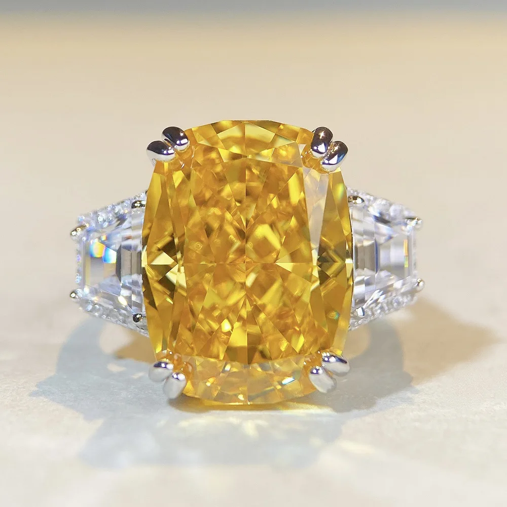 

S925 Pure Silver Rock Sugar Diamond Ring, 12X16 Yellow Diamond Ring, Ice Flower Cut High Carbon Diamond Ring
