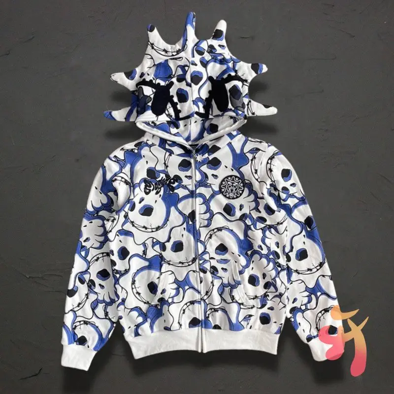 Blue White Skeleton Full Print Glo Gang The Glory Jackets Street Patch Clown Hooded Sweatshirts Men Women Skull Zippered Hoodie