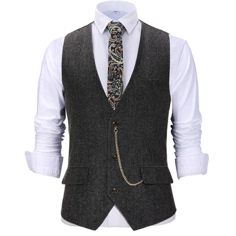 Men\'s Suit Vest V Neck Wool Herringbone Tweed Casual Waistcoat Formal Business Vest Groomman For Green/Black/Brown/Coffee