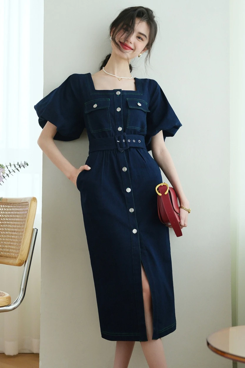 

Новое женское джинсовое платье с квадратным вырезом и высокой талией для весны/лета