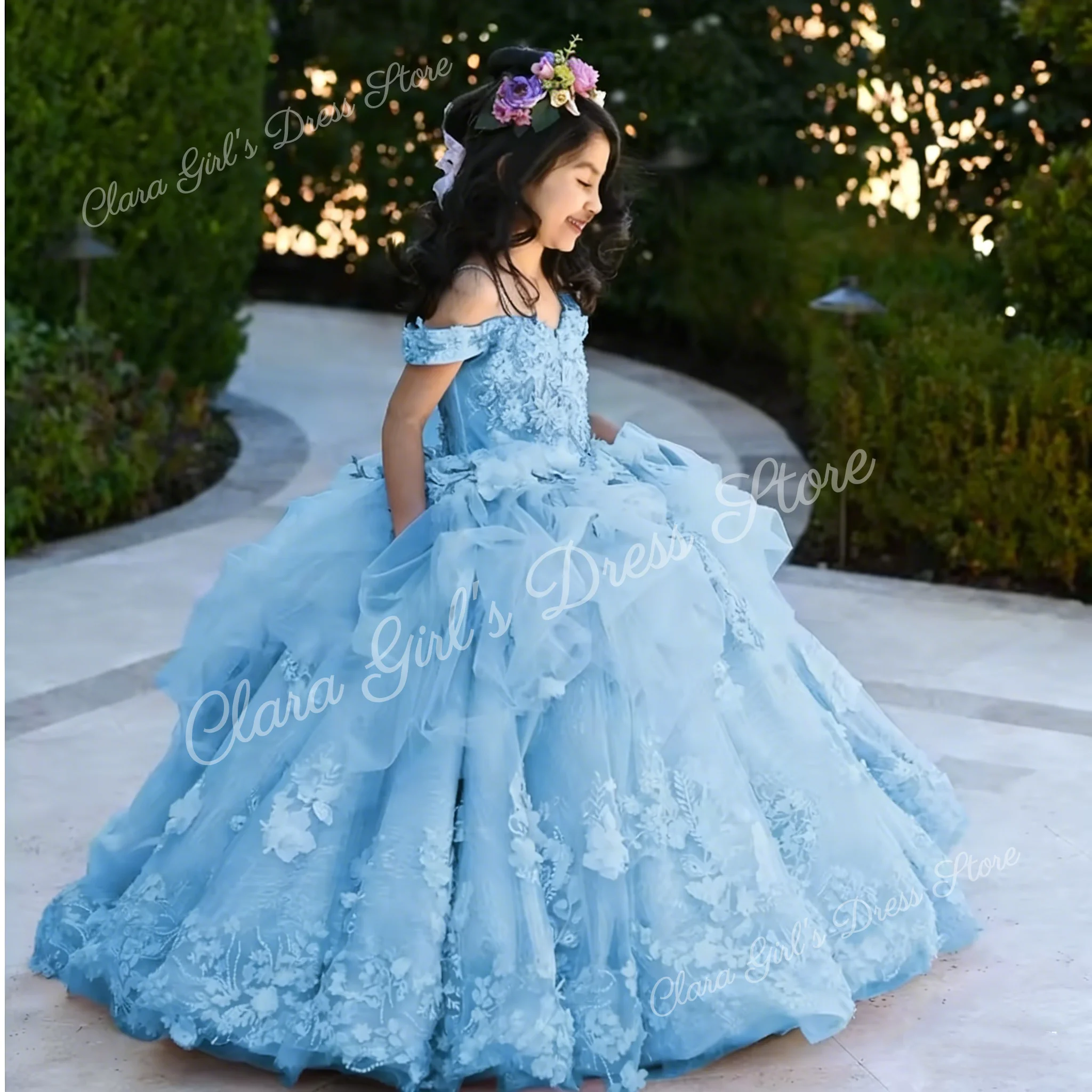 Vestidos de flores de lavanda para niña, para boda, apliques de encaje Floral 3D, fiesta de cumpleaños para niños, vestidos de primera comunión