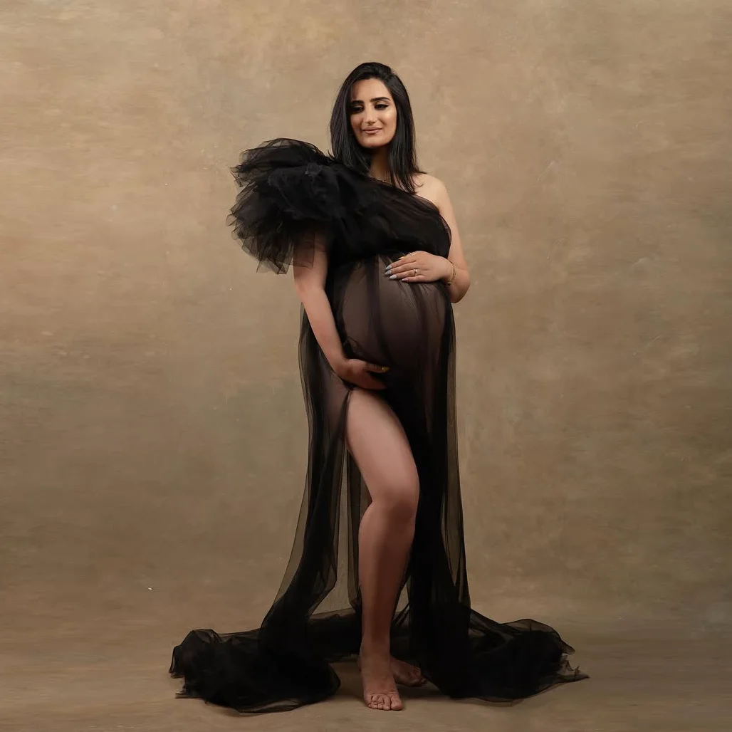 

Soft Tulle Maternity Dress Photography Black Pregnancy Dresses for Baby Shower Split Sexy Long Maternity Dress One Shoulder