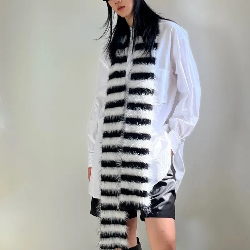 Plush Spinning Mink Black White Striped Knitted Long Scarf Women Winter Warmth Thin and Narrow Long Scarf Neck Protection Shawls