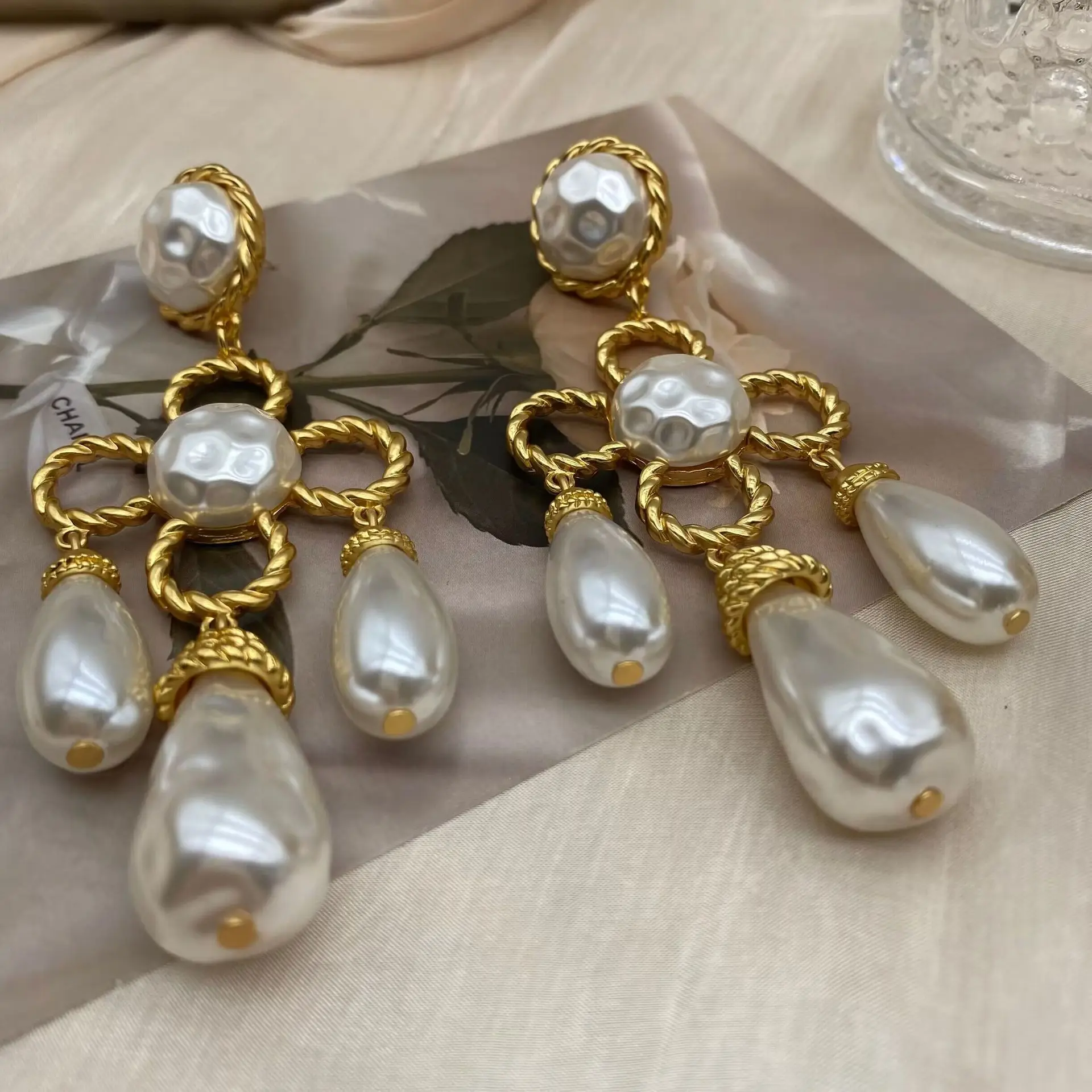 Gold Plated Statement Twisted Metal Pearl Long Dangle Earrings,Baroque Teardrop Pearl Drop Earrings for Banquet