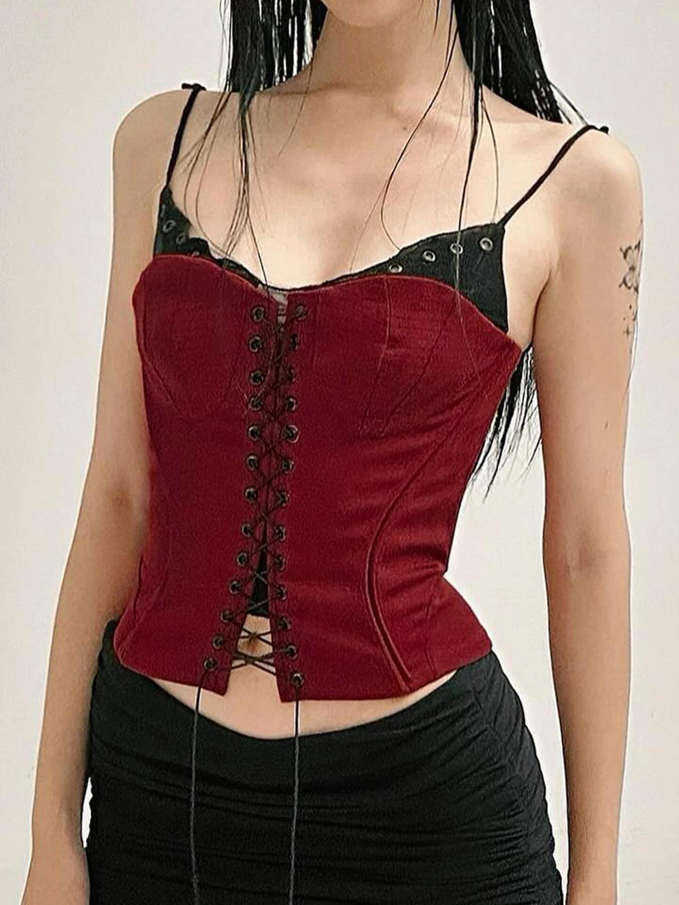 IAMSURE Gothic Patchwork Bandage Camis Top Dark Slim Slash Neck Sleeveless Tank Tops Women 2024 Summer Fashion Streetwear Lady