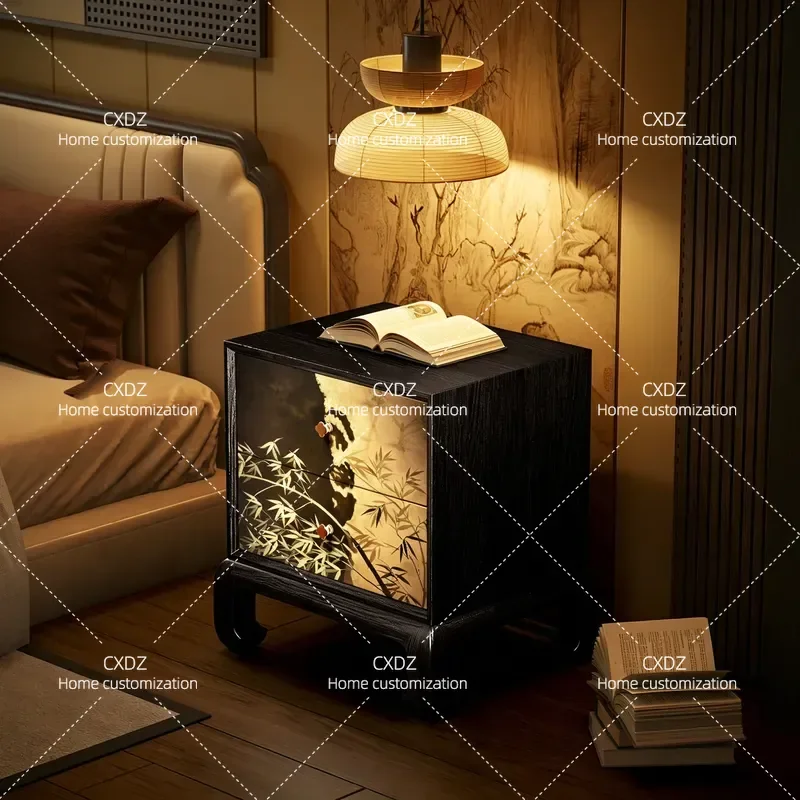 New Chinese Style Solid Wood Bedside Table Bamboo Stone Pattern Storage Cabinet Customizable Bedroom Nightstand Side Cabinet