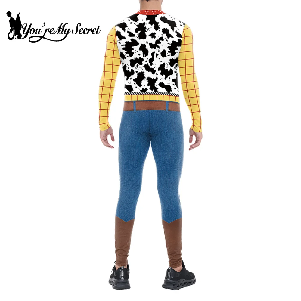 [You're My Secret] Men Woody Cosplay Bodysuit 3D Print Cowboy Cosplay Costume Front Zipper Jumpsuit Halloween Rave Party Outfit view 3