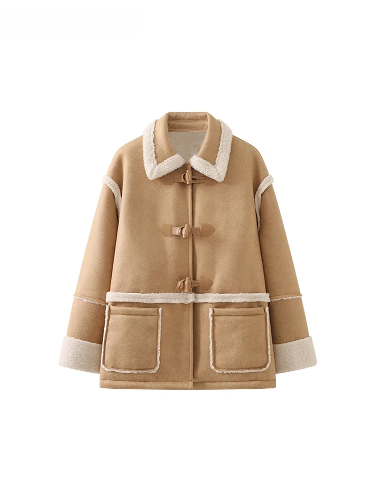 

La Chapelle Retro Faion Thiened Leather Coat Women's Loose Slimming Winter New Sle Long Sve Button Closure Coat