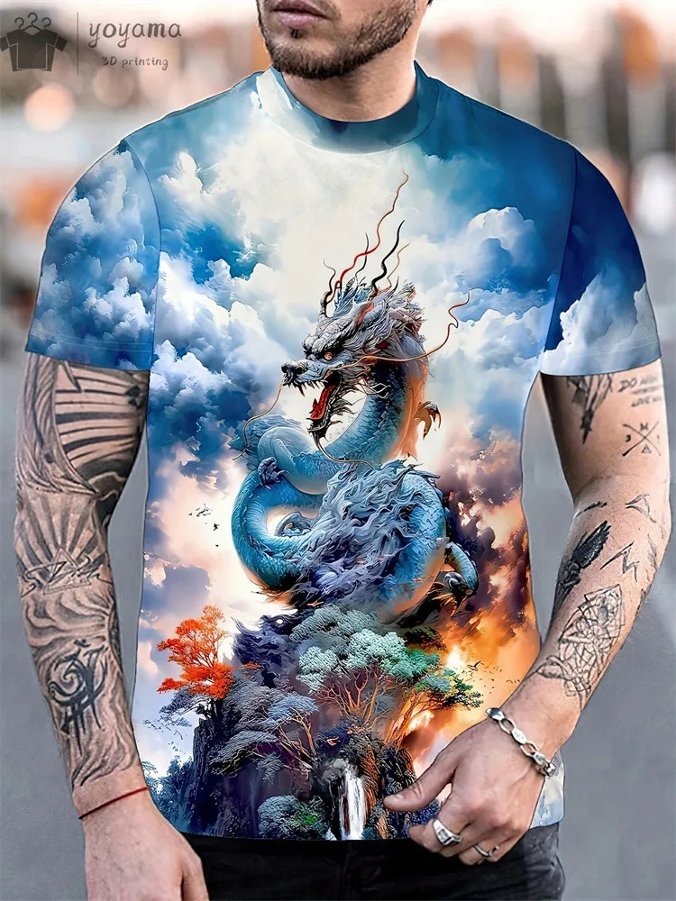 Fashion Personality Men T-Shirt Dragon Pattern 3D Printed Harajuku Street Short Sleeve O Neck T Shirts Oversized Tee Casual Tops