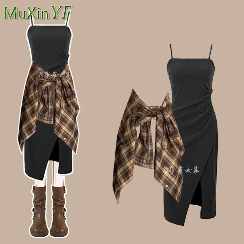 Women\'s 2024 Autumn New Vintage Plaid Shirt+Sling Skirt Two-piece Suit Korean Elegant Casual Cardigan+sexy Dress Matching Set