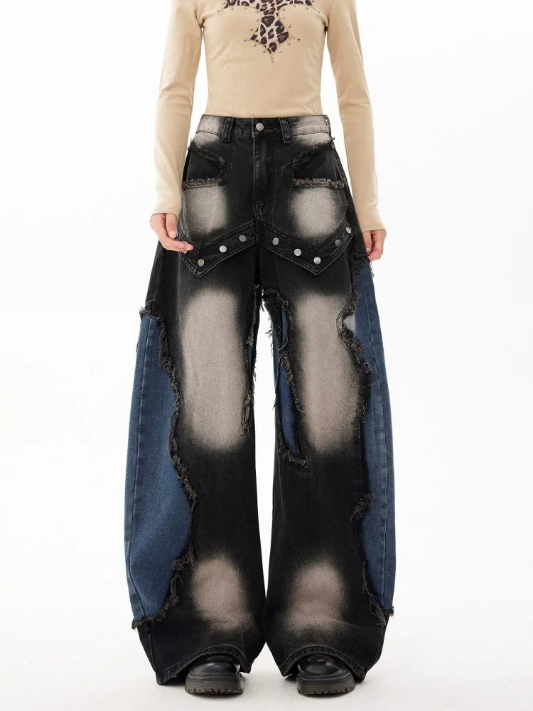 2026 Punk Y2K Style Contrast Color Patchwork Baggy Women's Stacked Jeans Pants For Woman Clothes Straight Vintage Denim Trousers
