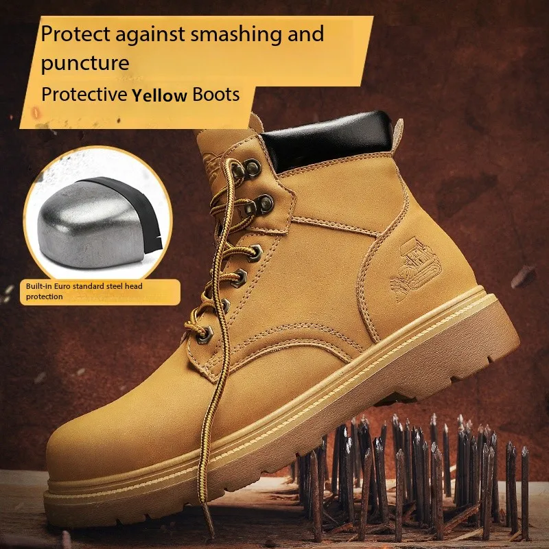 รองเท้าบูทนิรภัยสีเหลืองสำหรับผู้ชาย ป้องกันการเจาะทะลุ หัวเหล็ก รองเท้าผ้าใบหนังกันน้ำ รองเท้าทำงานป้องกันการกระแทกสำหรับผู้ชาย สำหรับกิจกรรมกลางแจ้ง