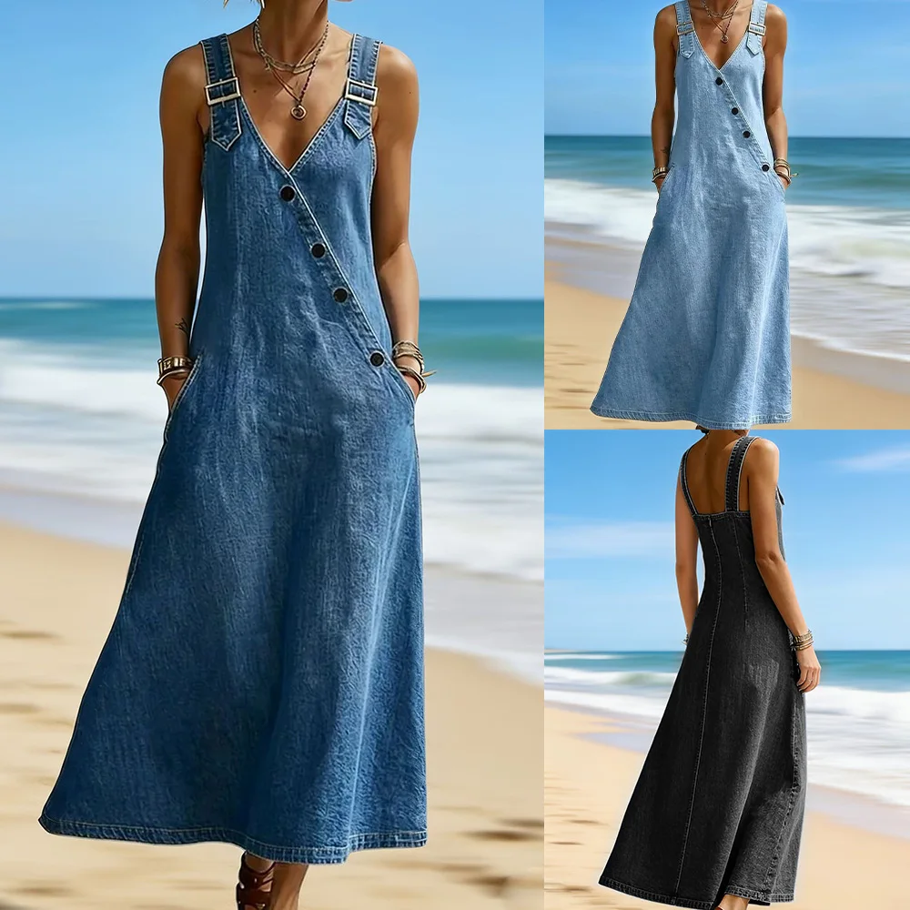 Damen-Jeans-Trägerkleid, ärmellos, Distressed-Look, rückenfrei, V-Ausschnitt, geknöpft, gewaschen, Sommerkleid, A-Linie