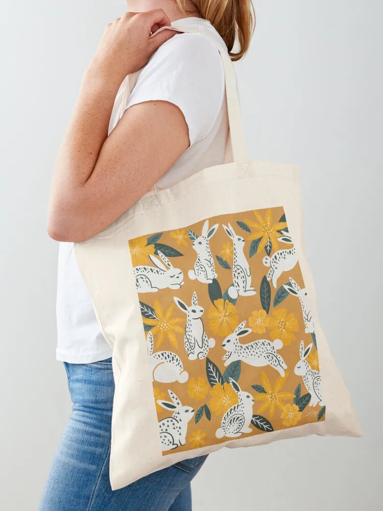 Bunnies & Blooms - Ochre & Teal Palette Tote Bag woman shopping bag shoping bag