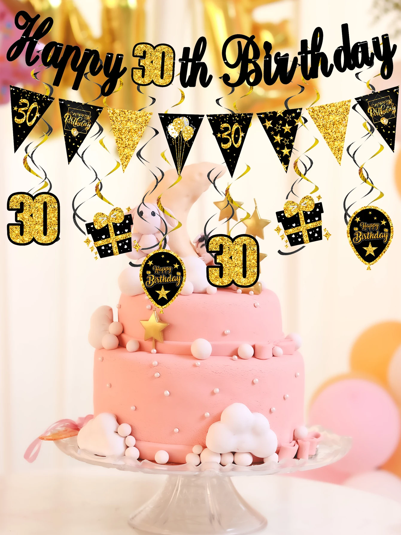 1Set 30 40 50 60 Years Birthday Decor Black Gold Banner Garland Cake Toppers For Adult Birthday Anniversary Supplies