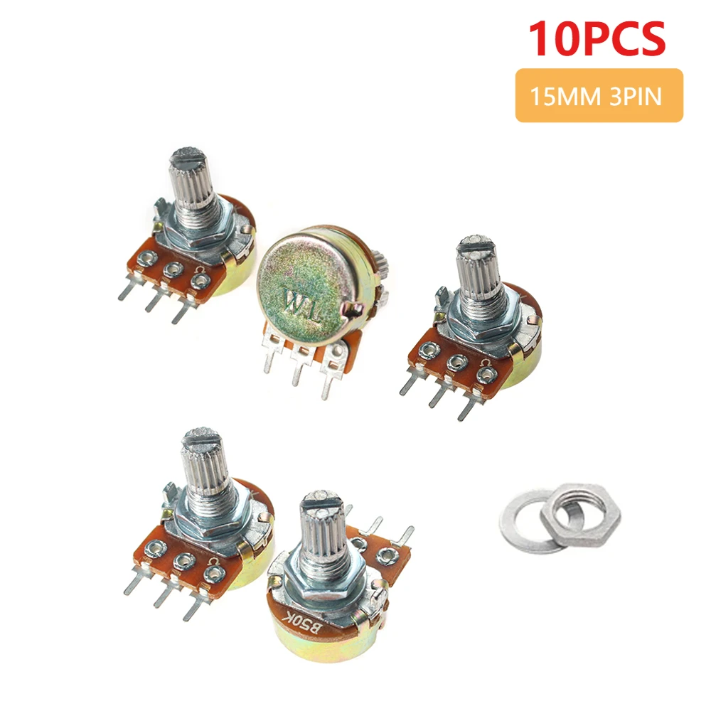 10pcs Linear Potentiometer WH148 15mm 3pin Rotary Potentiometer Kit WH148 10K 2K 5K 1K 50K 100K 500K 1M with Nuts and Washers