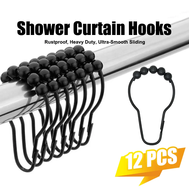 12Pcs Black Shower Curtain Hooks with 5 Roller Balls, Metal Curtain Rings For Bathroom Shower Rods