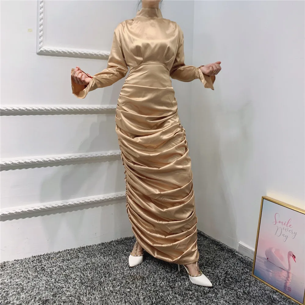 Fashion malaysia elegant satin body-con pleated long maxi slim muslim clothing dress for women