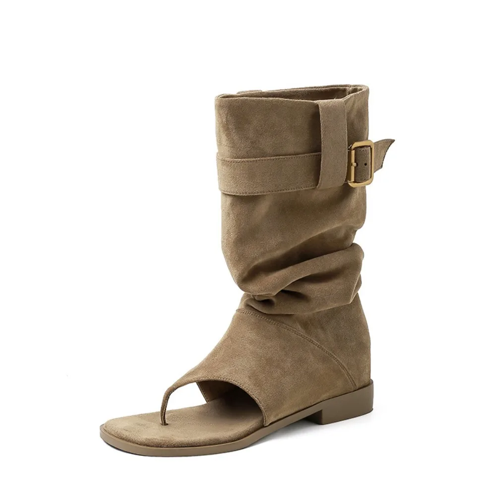 

Trendy Designer Women's Sandals Boots Gothic Y2k Open Clip Toe Boots Suede Belt Buckle Knee High Booties Shoes