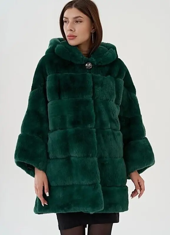 Green Rex Rabbit Fur Coat Women Genuine Natural Fur Hooded Outertwear Warm Spring Winter Long Sleeve Real Fur Jacket