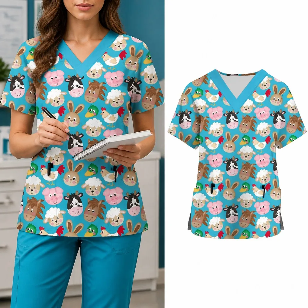 Women's Cartoon Animal Print Work Uniform Nurse Uniform Top V-neck Short Sleeve Medical Work Uniform Top with Pockets - view 3