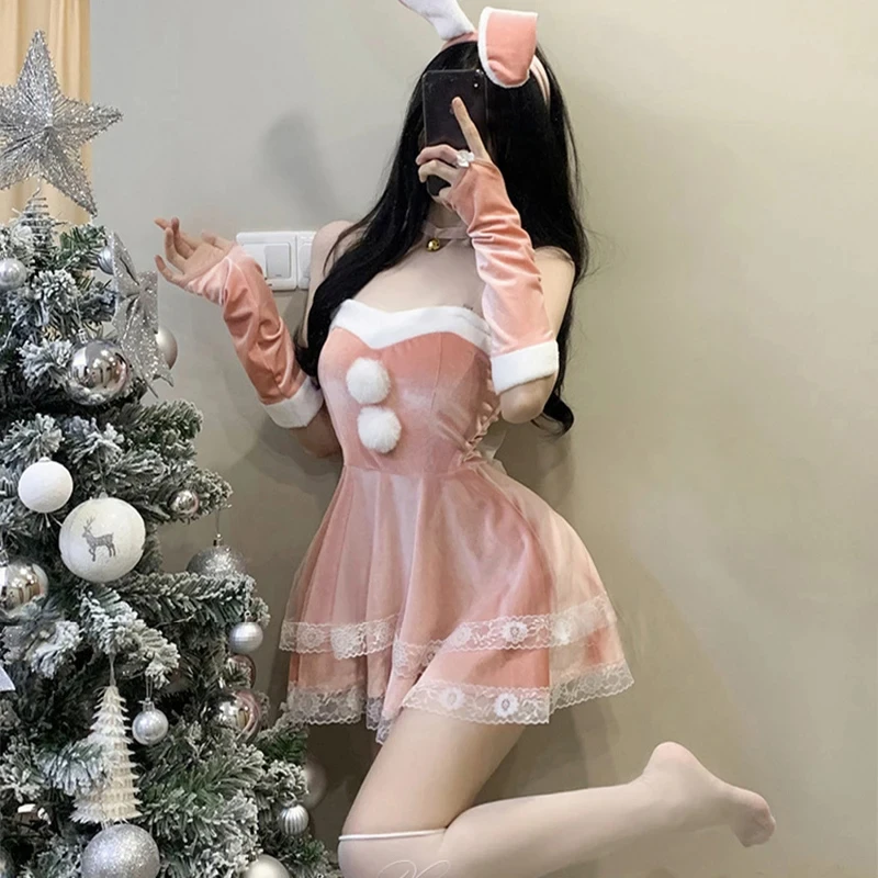 Bunny Girl Suit Role Play Anime Movie Female Pink Red Maid Outfit Sweet Sexy Solid Color Lace Velvet Dress Christmas Uniform Set