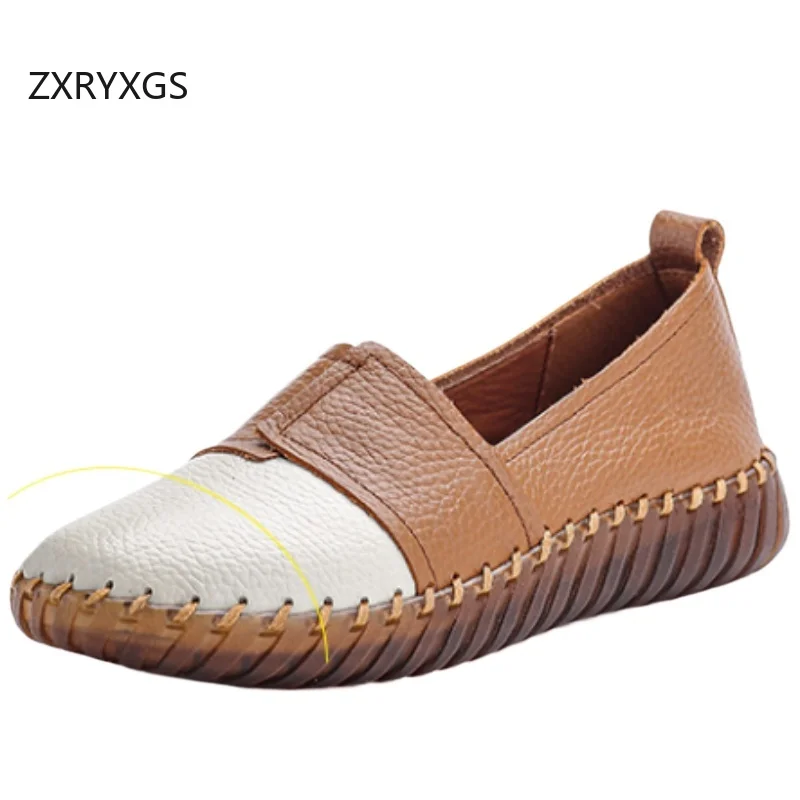 ZXRYXGS 2025 New Autumn Color Blocking Splicing Real Leather Shoes Flat Soft Sole Comfortable Trendy Shoes Women Flats Big Size