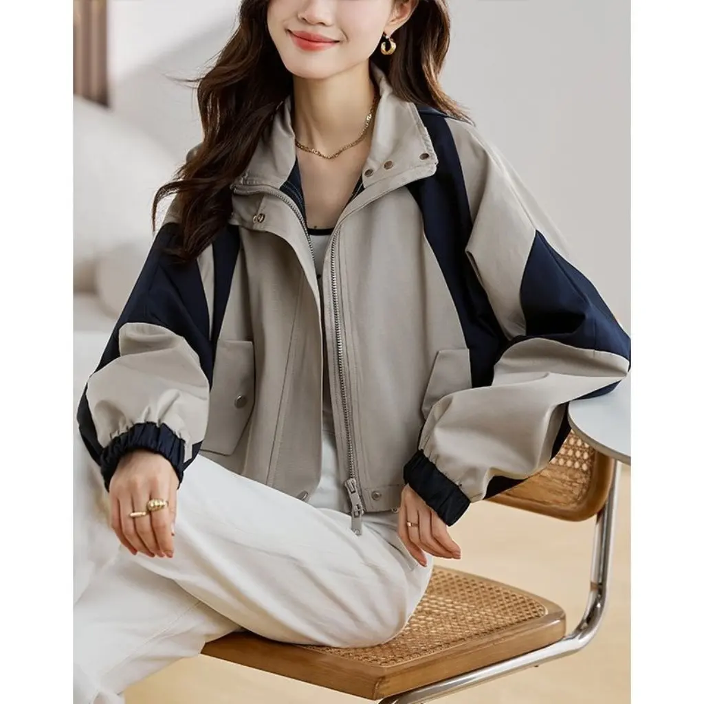 

Повседневная лоскутная короткая куртка для женщин, весна-осень, цветные блоки, миниатюрная спецодежда, пригородная бейсбольная одежда