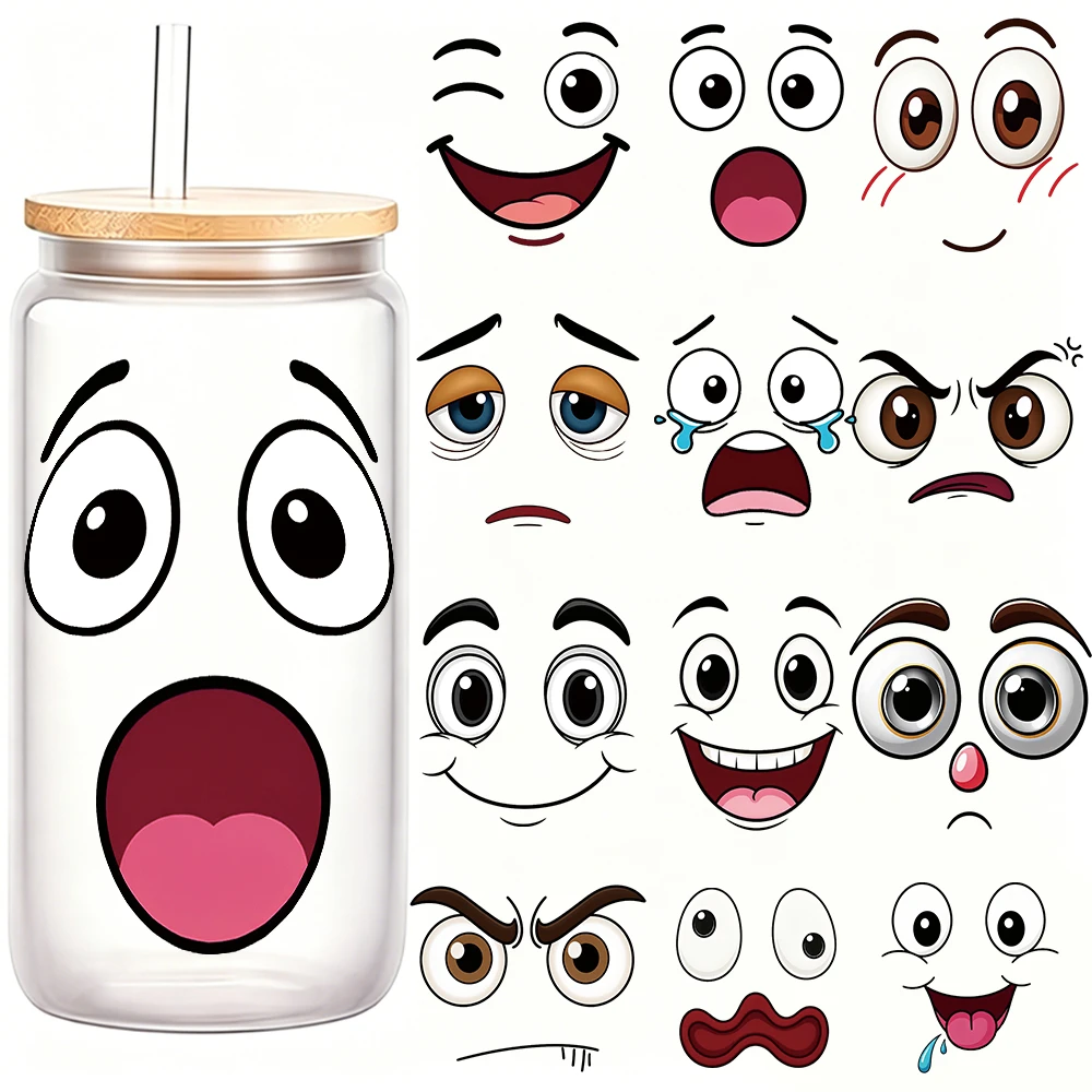 12pcs Cartoon Facial Expressions UV DTF Transfer Stickers Wink Smiling Angry Cry Sleepy Transfer Stickers Plastic Box Decoration